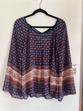 Women's Navy and Pink She Patterned Boho Top